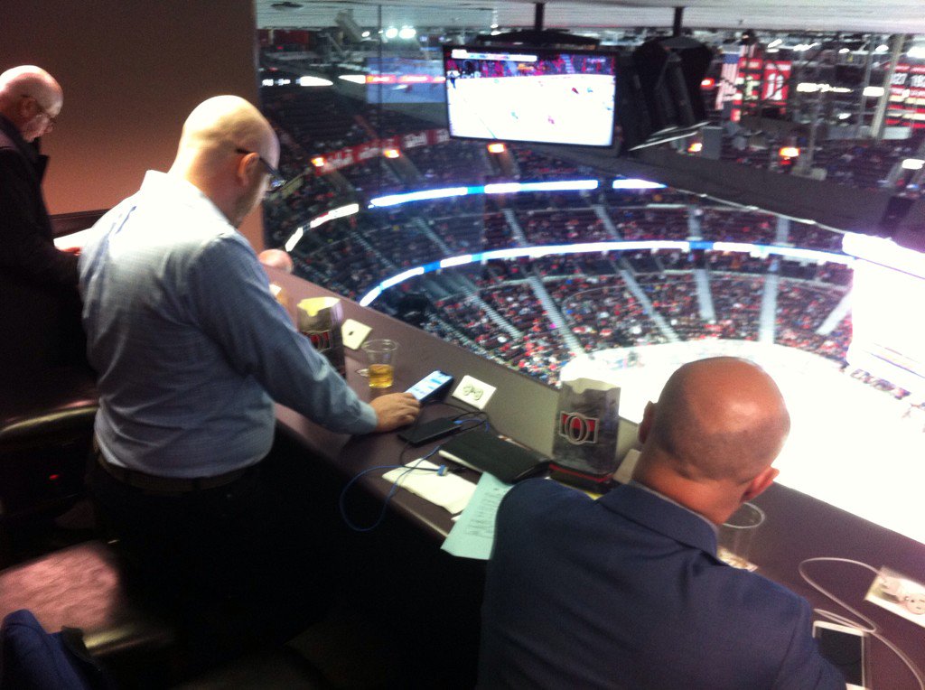 KardinalofSCU's tweet photo. I'm sitting between the other two.  Thanks @Senators for the opportunity to sit in the press box. https://t.co/5c7bVudIaH