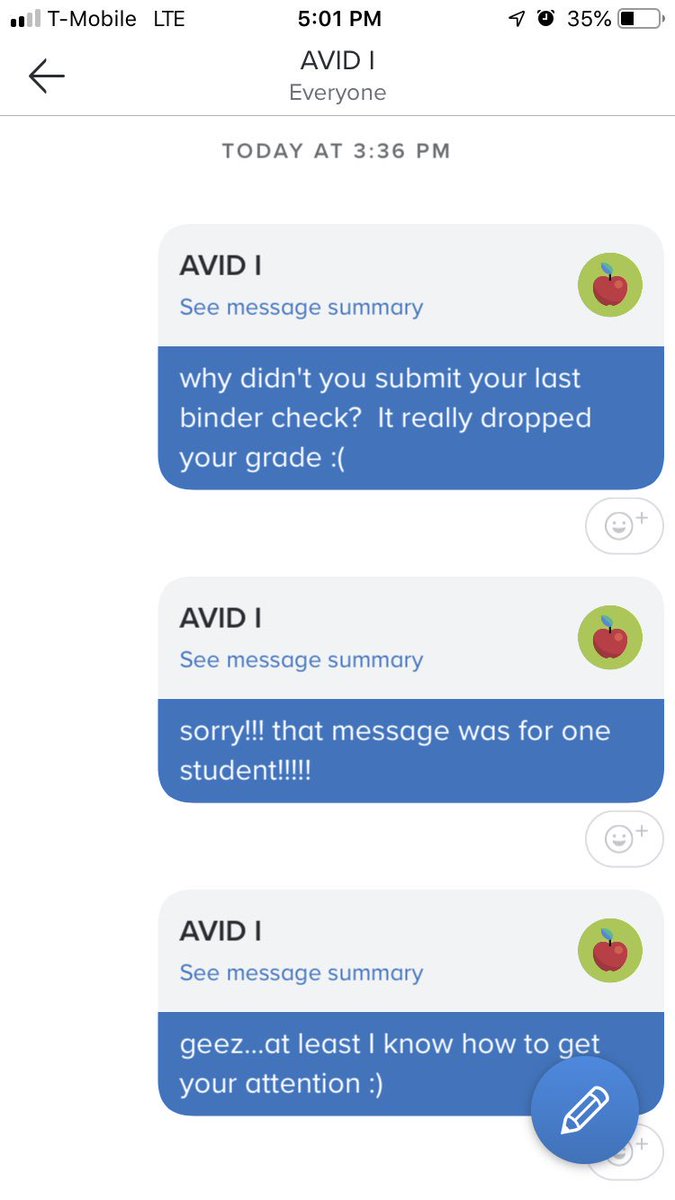 LetoAVID's tweet photo. What happens when you accidentally send out a message meant for one student to all 61 AVID freshman? You get 47 panic-driven messages in less than 30 seconds ๐คฃ#binderlife #organization @HCPS_AVID https://t.co/vk20b2Sfr3