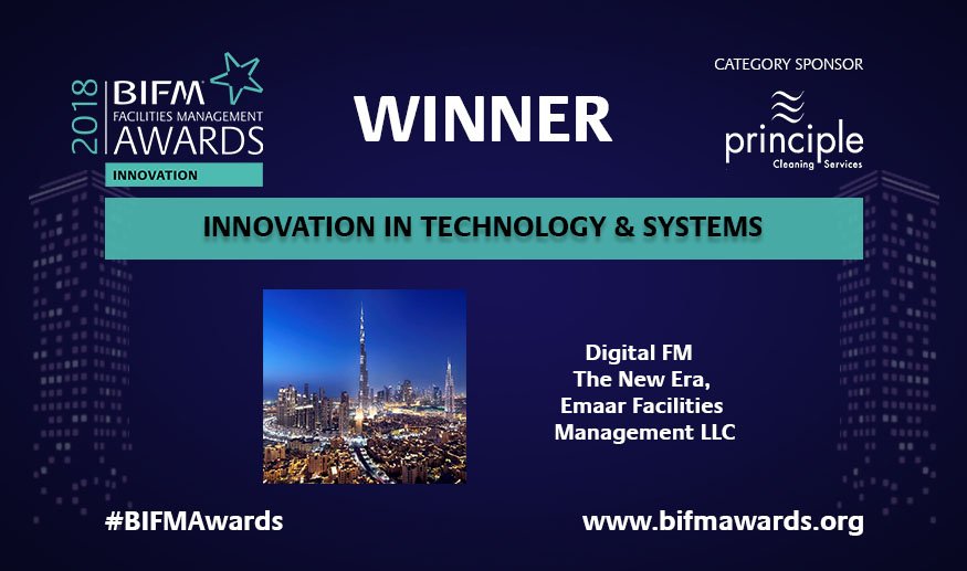 IWFM_Awards's tweet photo. Congratulations Digital FM The New Era, Emaar Facilities Management LLC @emaardubai winner of #BIFMAwards Innovation in Technology &amp; Systems 2018 https://t.co/XNQqUwwt7j