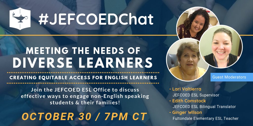 JEFCOED's tweet photo. Join the JEFCOED ESL Office for #JEFCOEDChat to discuss effective ways to engage non-English speaking students &amp; their families on Tuesday, October 30th at 7 p.m. Comment below to tag someone who you think would enjoy participating &amp; RT to spread the word! All are welcome! https://t.co/iIS59SQzIS
