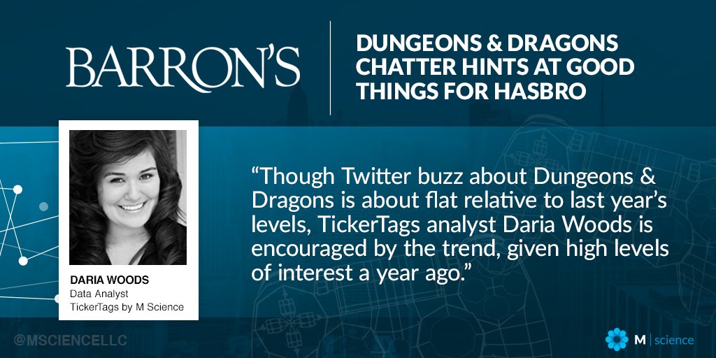 msciencellc's tweet photo. Elevated @Twitter #mentionfrequency of @Wizards_DnD may be related to the gameplay feat. in @Netflix's @Stranger_Things, as indicated by @TickerTags data. Learn what this means for @Hasbro from #TickerTags Analyst Daria Woods in @barronsonline:https://t.co/vKWS39SaFn #DataScience https://t.co/Xn8lNP8zZd