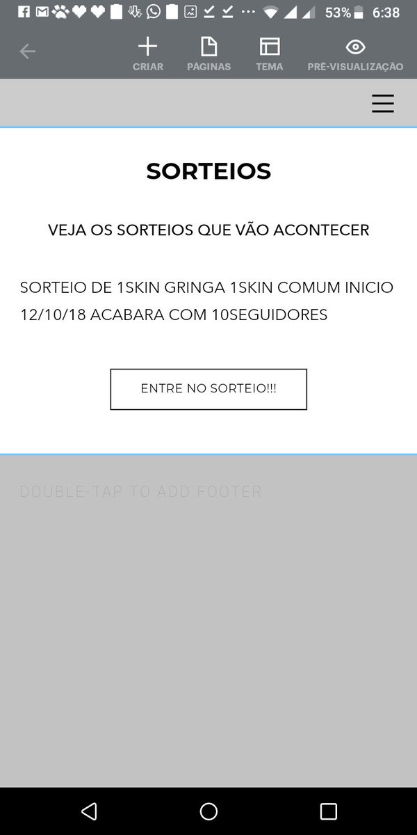 Galera venho aqui avisa que já foi lançado no meu site a aba sorteios para participar e simples e só aperta no botão abaixo e vai ser levado para um formulário vocês preencham e eu vou ver quando batemos a meta de 10 seguidores verificarei e sortea