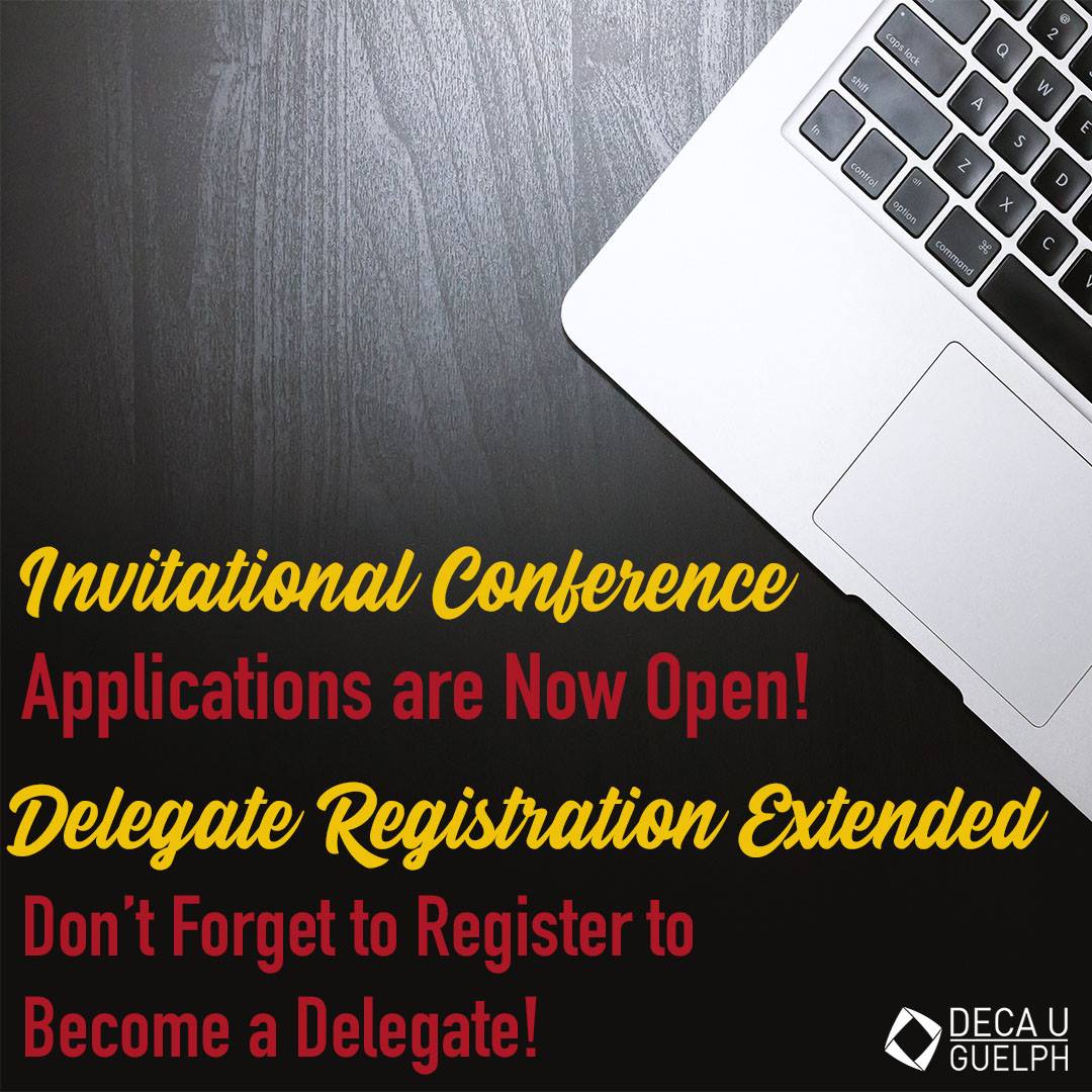 DECAUGUELPH's tweet photo. Our INVITATIONAL CONFERENCE APPLICATIONS are NOW OPEN! Also, DELEGATE REGISTRATIONS have been EXTENDED!

Link to Invitational Conference Application: https://t.co/h5hyznsJ0R

Link to Delegate Registrations: https://t.co/jsg5sSz7Az

#UofG #UoGBusiness #DECAUGuelph https://t.co/a2kO5TdSJK