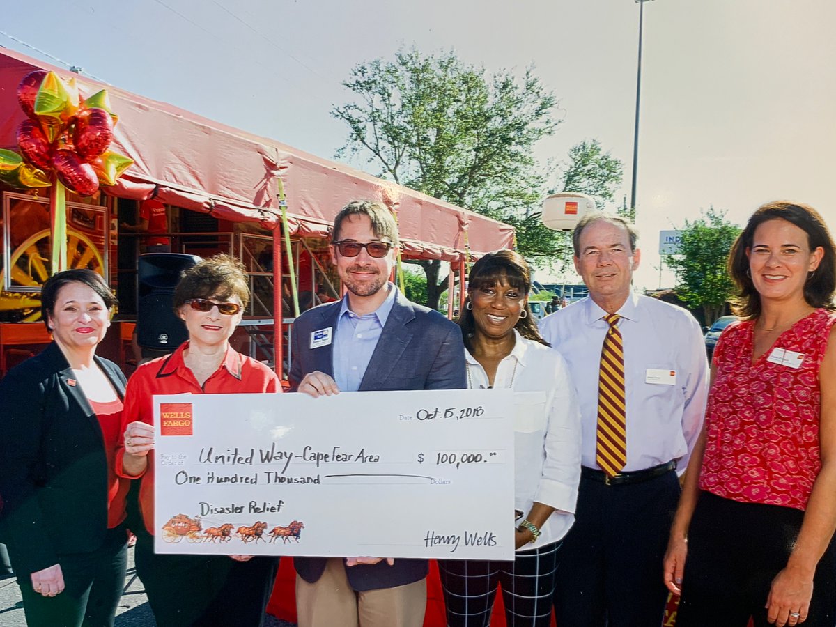 Josh_DunnSC's tweet photo. .@WellsFargo presented a check for $100,000 to @UnitedWayCFA this morning to support their #hurricaneflorerence relief efforts in #WilmingtonNC and across #NorthCarolina. #communityday https://t.co/uYbh4feoij