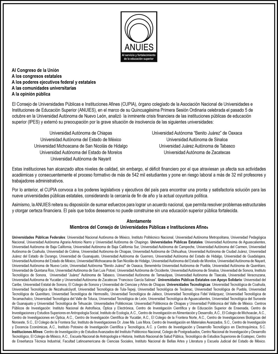 ANUIES's tweet photo. Pronunciamiento del Consejo de Universidades Públicas e Instituciones Afines, #CUPIA, en apoyo a las instituciones públicas de educación superior. https://t.co/QC6YwTRBj9
