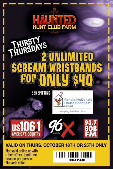 Come on out to Haunted Hunt Club Farm for Wicked Wednesday & Thirsty Thursday! Have fun playing games like Giant Jenga, Cornhole, Yardzee & Labyrinth! All proceeds benefit @99forthe1 and Ronald McDonald House of Norfolk VA.

huntclubfarm.com/event/wicked-w…
huntclubfarm.com/event/thirsty-…