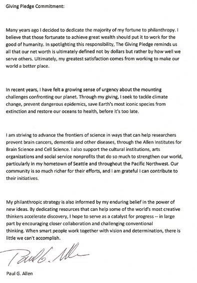 teddyschleifer's tweet photo. Allen's original letter. 

Would think lot of the money in his will would have to go to philanthropy/charity for him to honor the pledge. https://t.co/YMG6YGVfqr