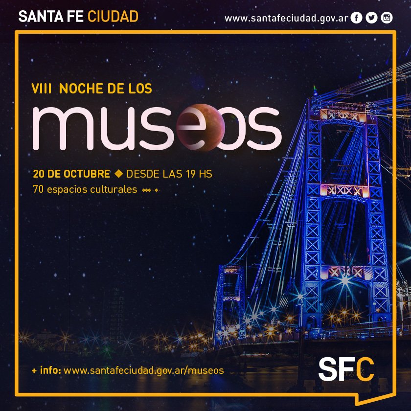_SantaFeCapital's tweet photo. #AgendaCiudad El sábado 20 desde las 19, la ciudad celebra la octava edición de la Noche de los Museos. Hasta la medianoche, habrá numerosas propuestas artísticas en 70 espacios culturales y educativos, públicos y privados + Info: https://t.co/7ChsOoLGpM https://t.co/qMcE1u1o3j