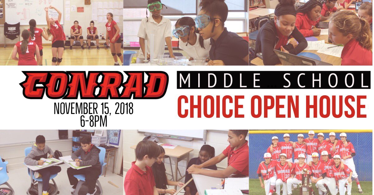 ConradRedWolves's tweet photo. Our middle school Choice Open House is in exactly 1 month! Please join us to find out what CSS has to offer!

When: November 15
Time: 6-8pm
Location: Conrad Schools of Science https://t.co/gYE5pWNgp3