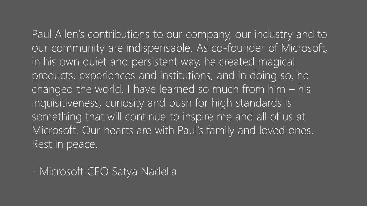 Statement from Microsoft CEO Satya Nadella on the passing of Paul Allen: