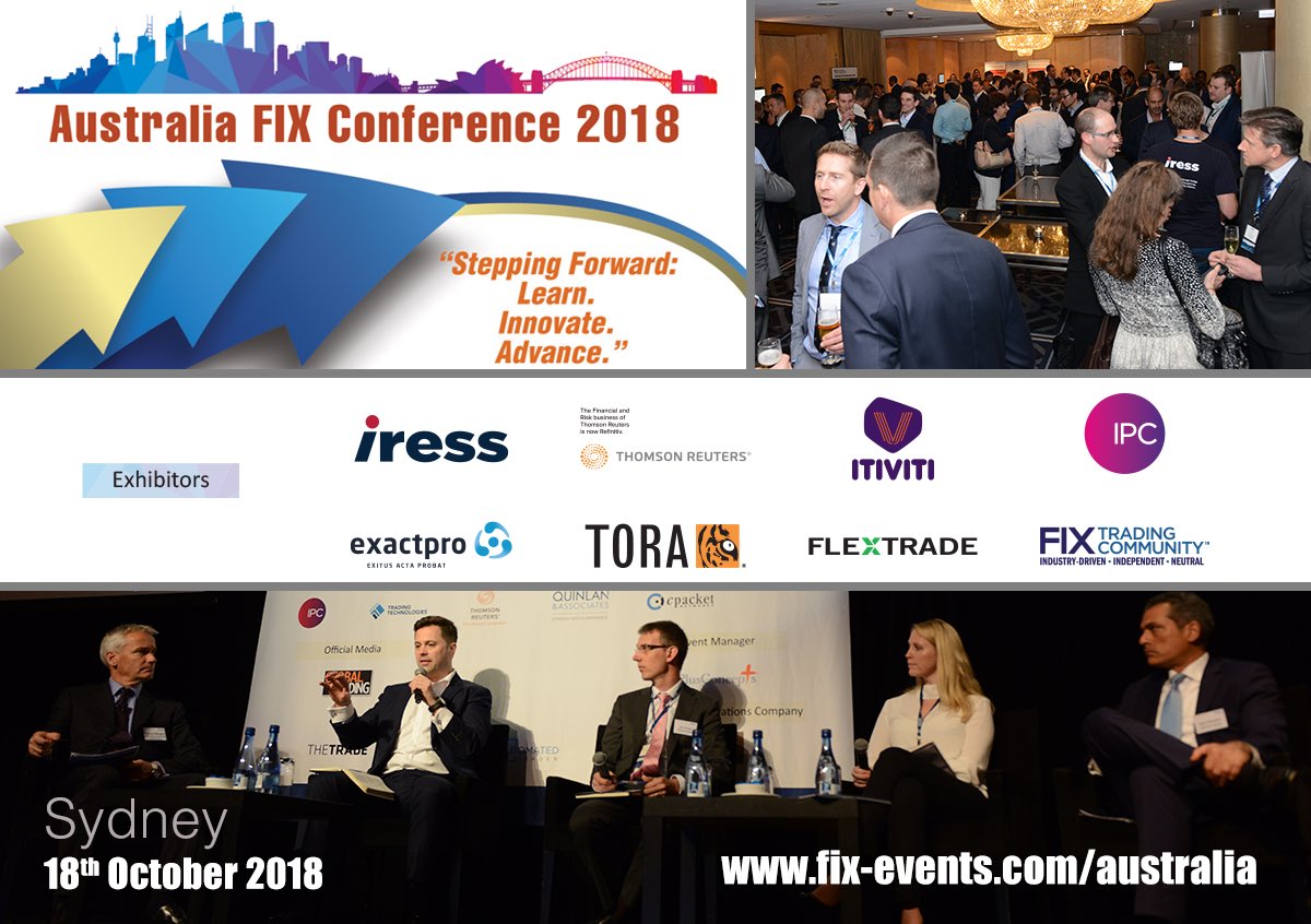FIX_Events's tweet photo. Looking forward to this week’s Australia FIX Conference, the annual gathering of the electronic trading industry.   Of course, we have prepared some great content as well as exhibitors showing off their latest solutions.  See you this Thursday!

#fix_events https://t.co/qzb9fN8u11