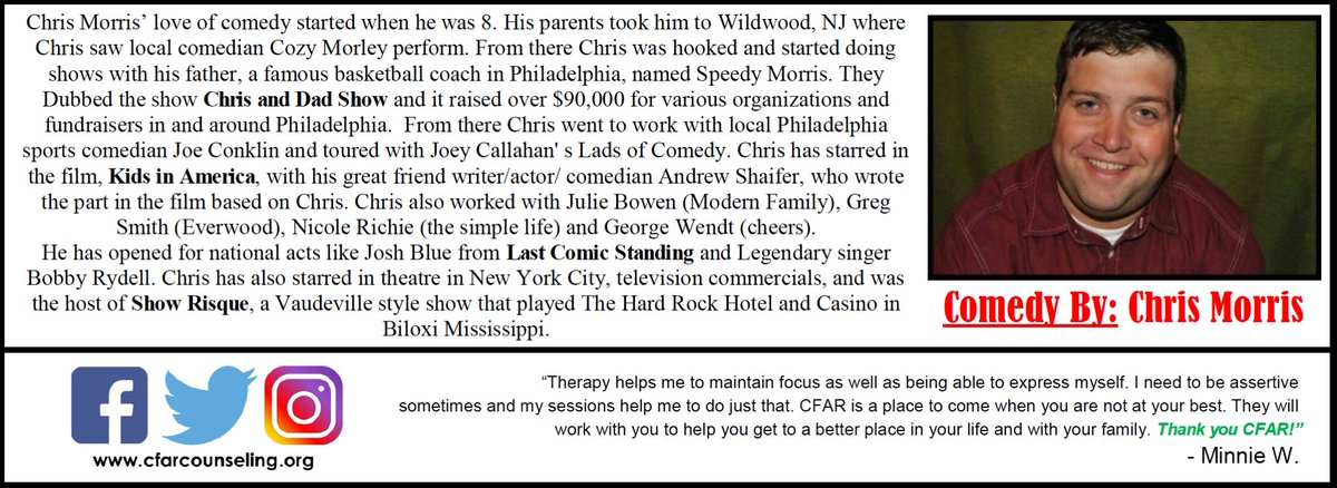 OfficialCFAR's tweet image. We are ready to laugh for a cause! Make sure to be there October 26th at the Spring Mill Ballroom. All monies raised will help us open 8 new therapy rooms + a large group therapy room! For info &amp;amp; for tickets, click the link in our bio! #Philadelphia #MentalHealth #Conshohocken