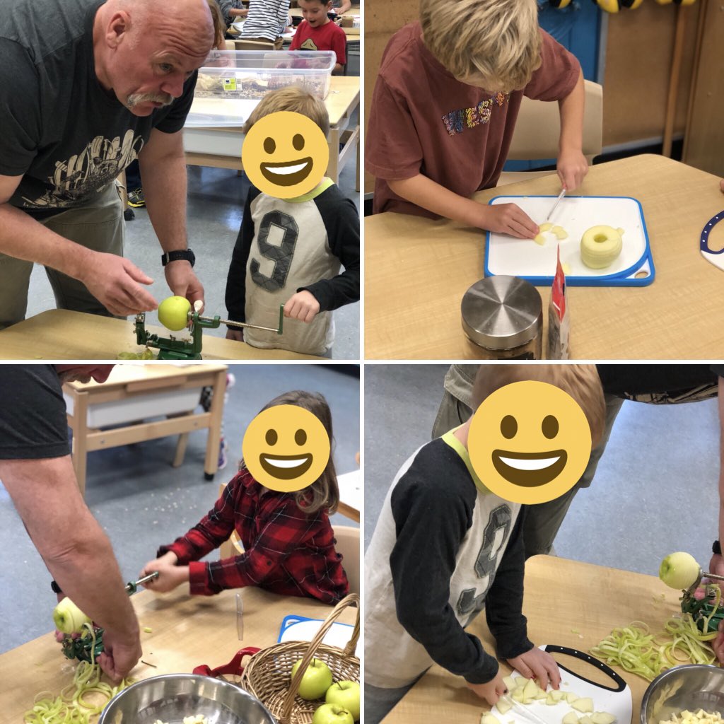 Lace_C's tweet image. We peeled. (We ate the peels - we decided to call it REAL fruit by the foot!!) We cut. We measured. We mashed. We waited and waited. Then finally got to enjoy the fruits of our labour #homemadeapplesauce #learningthroughinquiry #adventuresingradeone @QueenVic_PS