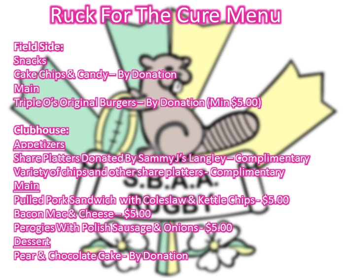 BeaversRugby's tweet photo. The 7th Annual #ruckforthecure is coming up this Saturday! Here are a few details of what the club Chef is cooking up post-match and what everyone can look forward to at the silent auction. More updates coming up! @BCRugbyNews @bcrugbyunion @SurreyNowLeader @CloverdaleNews https://t.co/z82wW33egw