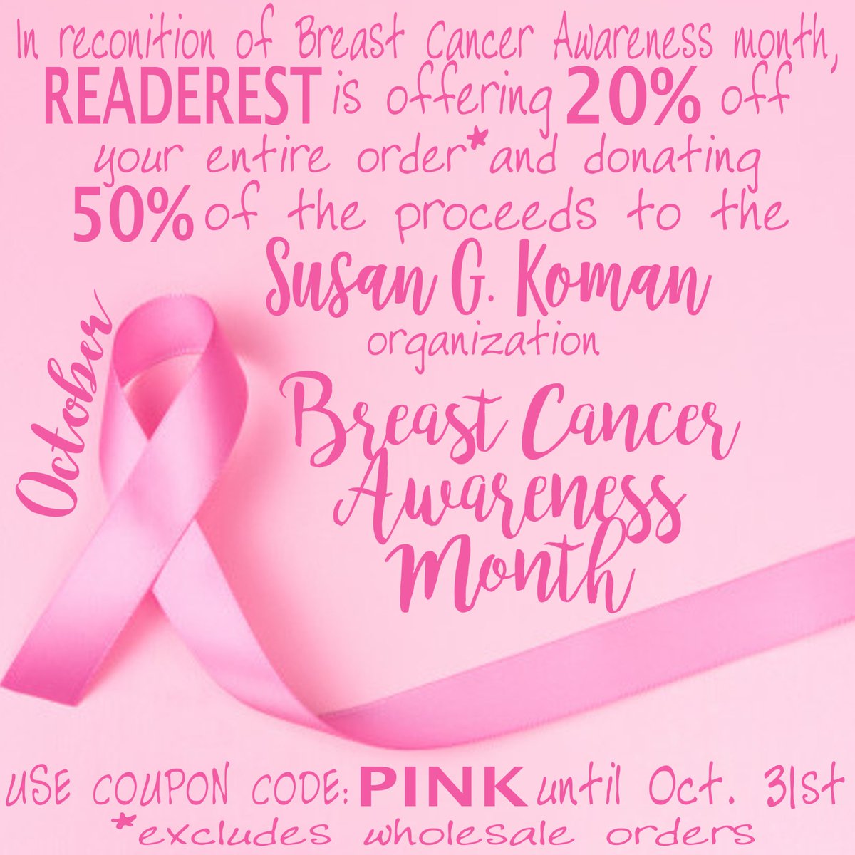 READEREST's tweet image. BREAST CANCER AWARENESS MONTH! Save 20% and help the women in our lives who have battled it! readerest.com #breastcancerawareness #readerest #helpfindthecure #pinktober #pink #wearpink #thepowerofpink #pinktobersale #wealllovesomeonewhohasbattled