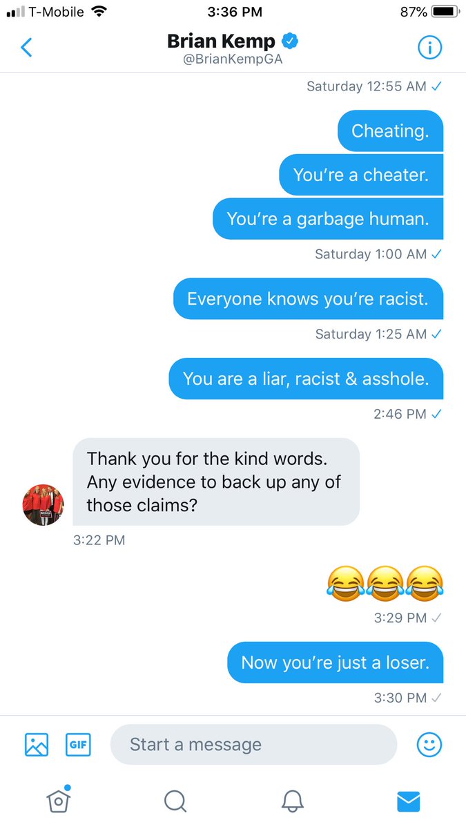 Erik_Allen's tweet photo. You guys!!! I have been DM’ing @BrianKempGA and he responded!!

Please send proof to his DMs of why he’s a garbage human! He wants it! 😂 https://t.co/KhF0g8k8oa