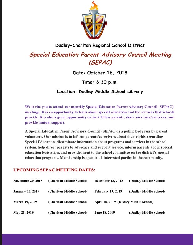 D-C members... our next Special Education Parent Advisory Council is on 10/16 at 6:30 pm in the DMS library. All are welcome!