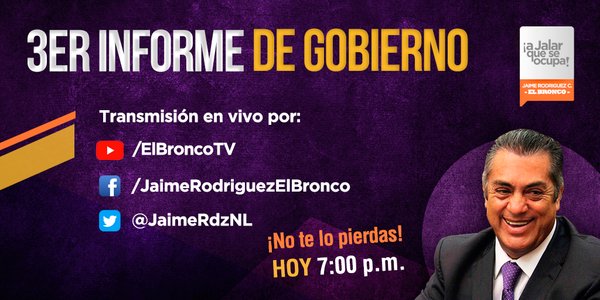 JaimeRdzNL's tweet photo. Raza en un rato les estaré platicando a través de mis redes sociales sobre todos los logros que hemos cosechado durante 3 años.
No se lo pierdan, aquí les dejo en que redes vamos a transmitir el 3er Informe de Gobierno. https://t.co/OlwbFlvPSR