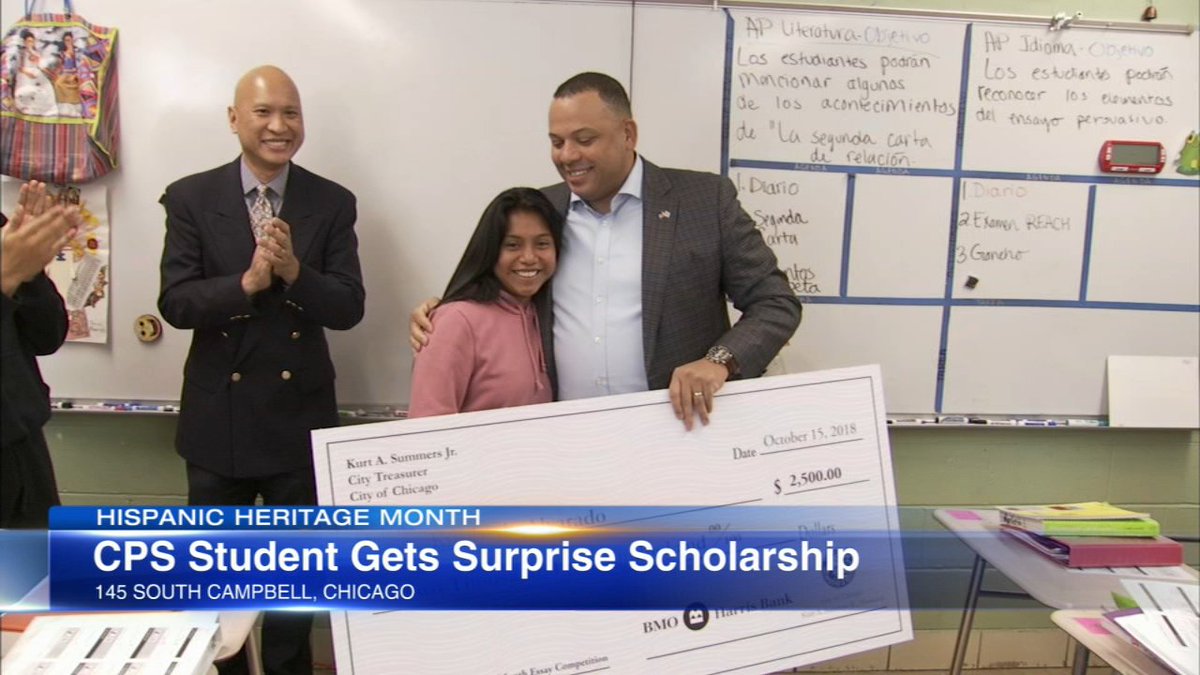 ABC7Chicago's tweet photo. CPS senior given scholarship for Hispanic Heritage Month essay: https://t.co/S1iDqVMbgV https://t.co/Pm7RduQgMy
