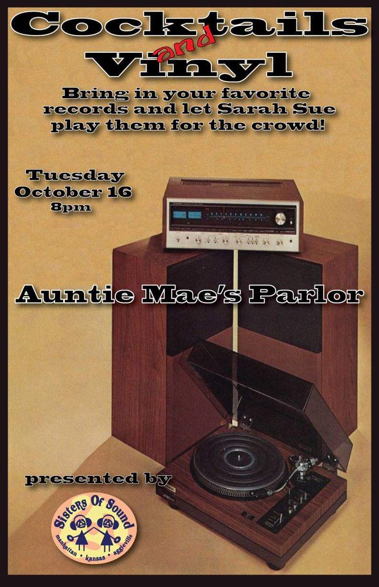 sistersofsound's tweet photo. Tomorrow at 8pm meet me @AuntieMaes 
You bring the #Vinyl #Records I'll bring the #turntable!  
I'll also be giving away some of our favorite cocktail lounge #vinylrecords from #SisterOfSound!  #originalmusicsharing #cocktailsandvinyl #auntiemaes #MeetMeAtMaes https://t.co/pSFF0gNgBe