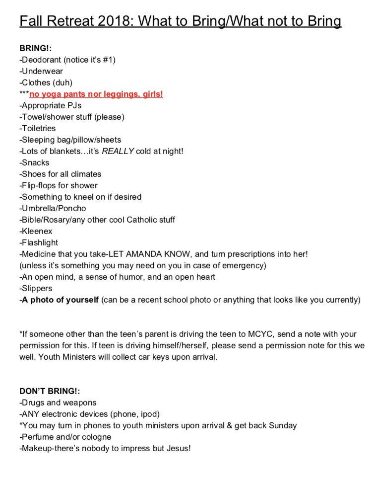 stmalachyrock's tweet photo. Fall Retreat is Friday!!! Here is the What to Bring List! Get pumped!! https://t.co/lPL3HRmUv0