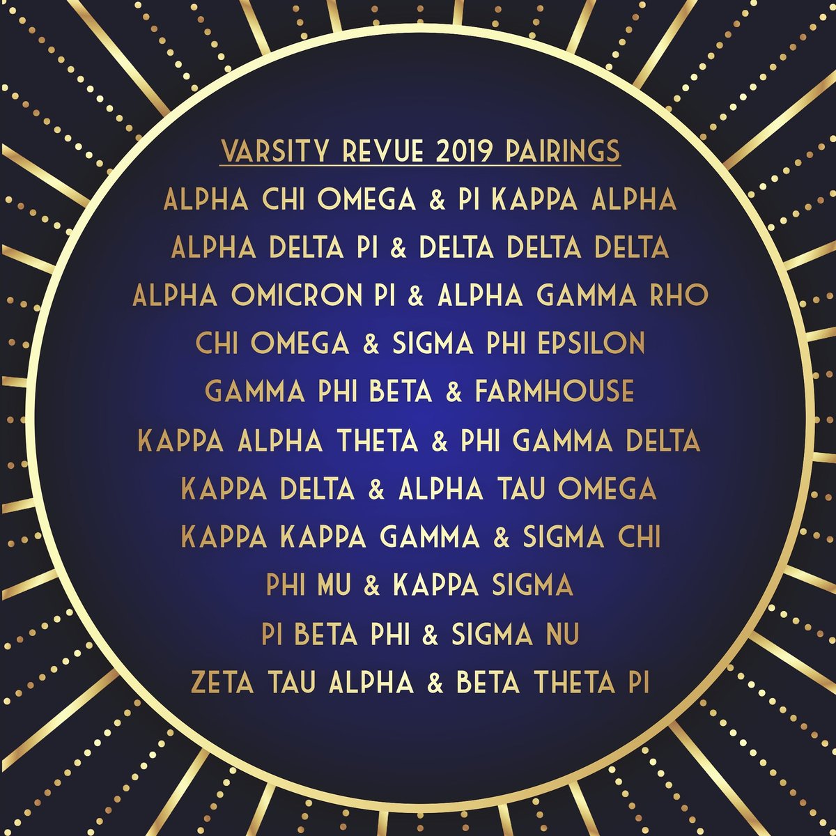 OSUVarsityRevue's tweet photo. Here are the official pairings for Varsity Revue 2019!! Can't wait to see what all these talented groups come up with! https://t.co/iPJVuMBWOq
