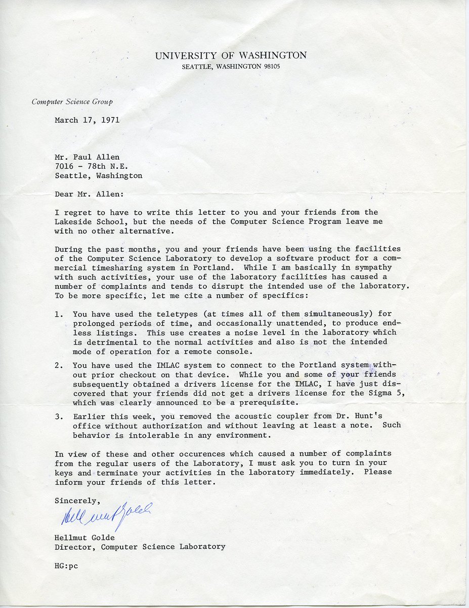 ByMikeBaker's tweet photo. My favorite Paul Allen story:

47 years ago, Allen got banned from UW's computer-science lab for hogging teletype machines and swiping an acoustic coupler.

UW's massive computer-science school is now named for him. 

https://t.co/7PzxP1jul9 https://t.co/9qJ3F3gST5