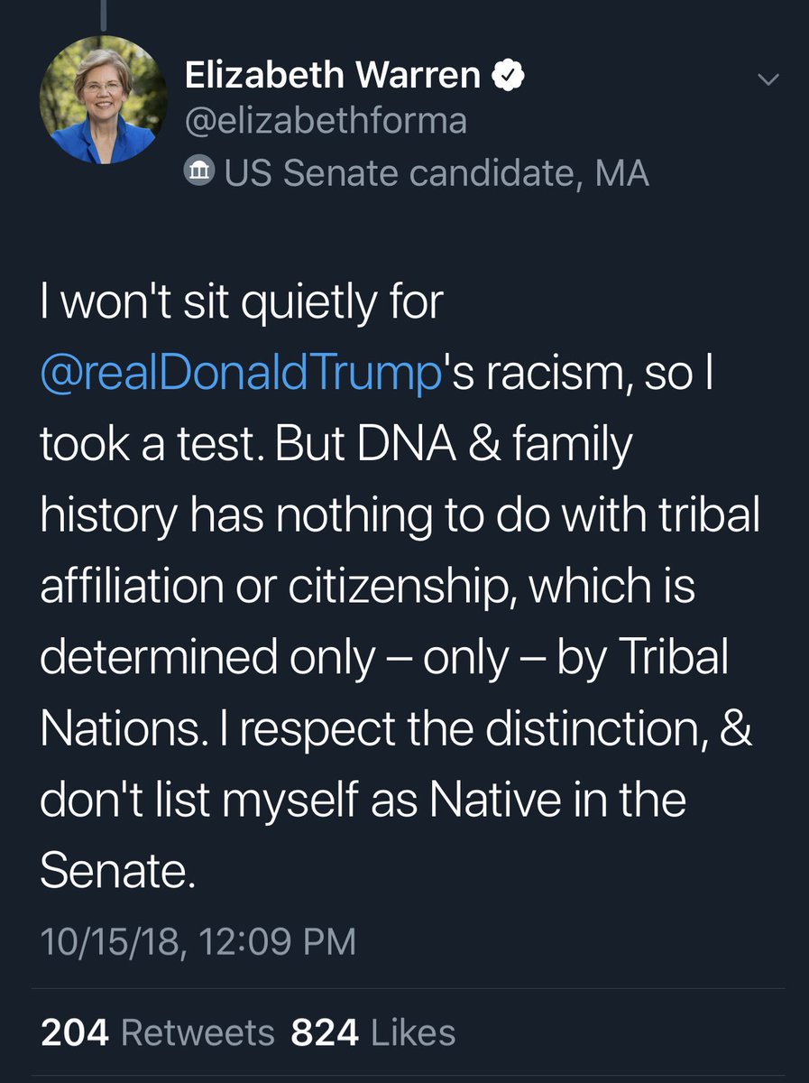 Megmo808's tweet photo. Public service announcement: One's DNA is not mutually exclusive to tribal membership, and vice versa. Federal Indian law acknowledges tribes ability to make that determination based on the SOVEREIGNTY. Senator Warren knows &amp; respects that. Trump doesn't. #NativeIdentity https://t.co/0eoY8OOWF9