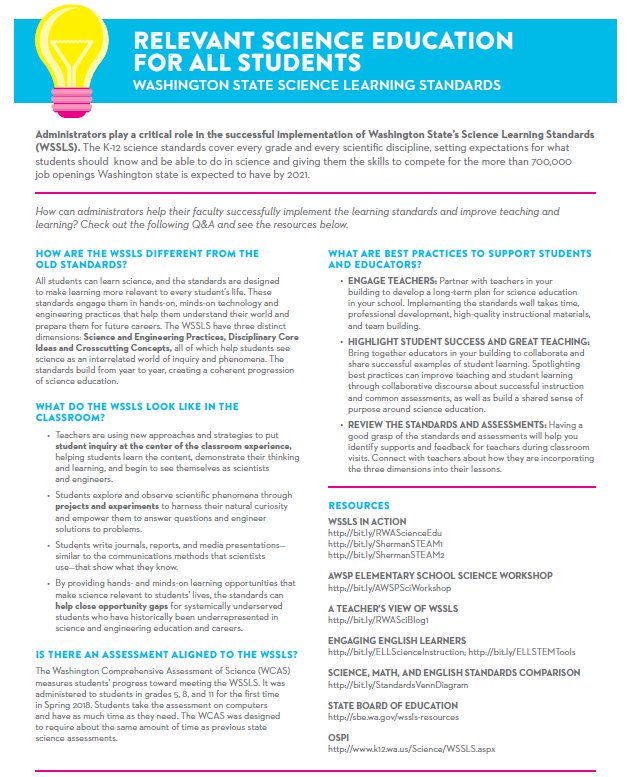 WA_SBE's tweet image. What are best practices to support science teaching and learning? Check out ideas for school administrators in @ReadyWA’s new fact sheet. @wa_esds @AWSP_Principals @wssda @wasa_oly @WashingtonSTEM @wa_OSPI #WAScience4All bit.ly/2ILmxg9