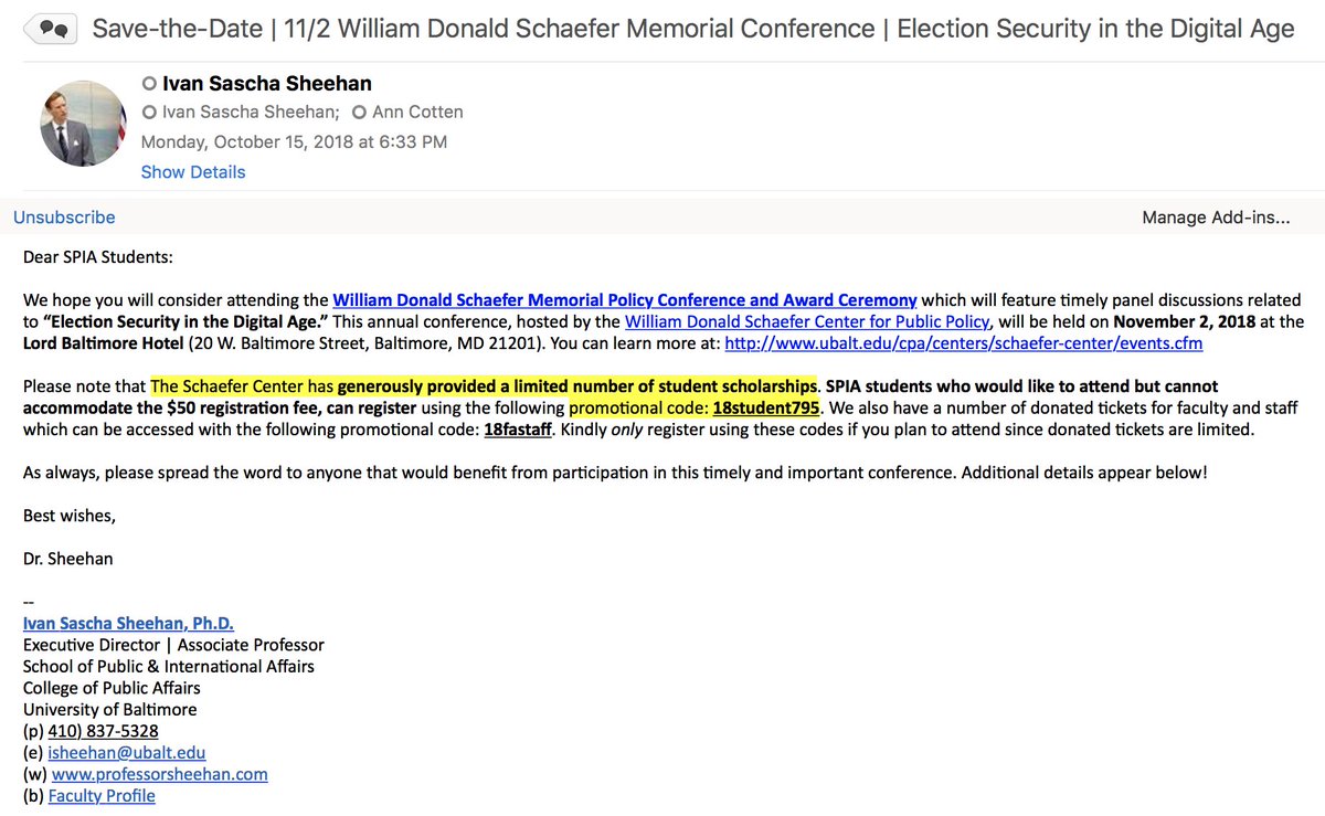 #SPIA Students: #Register Now! William Donald <a href="/SchaeferCenter/">Schaefer Center @UB</a> Memorial #Conference | #ElectionSecurity in the Digital Age | Nov 2, 2018. Details @ ubalt.edu/cpa/centers/sc… #PublicAffairs #PublicPolicy @PublicAffairsUB <a href="/EubieBee/">eubiebee</a> #Ubalt <a href="/Univ_System_MD/">University System of Maryland</a> #YouKnowUs #HigherEd <a href="/NASPAA/">NASPAA</a>