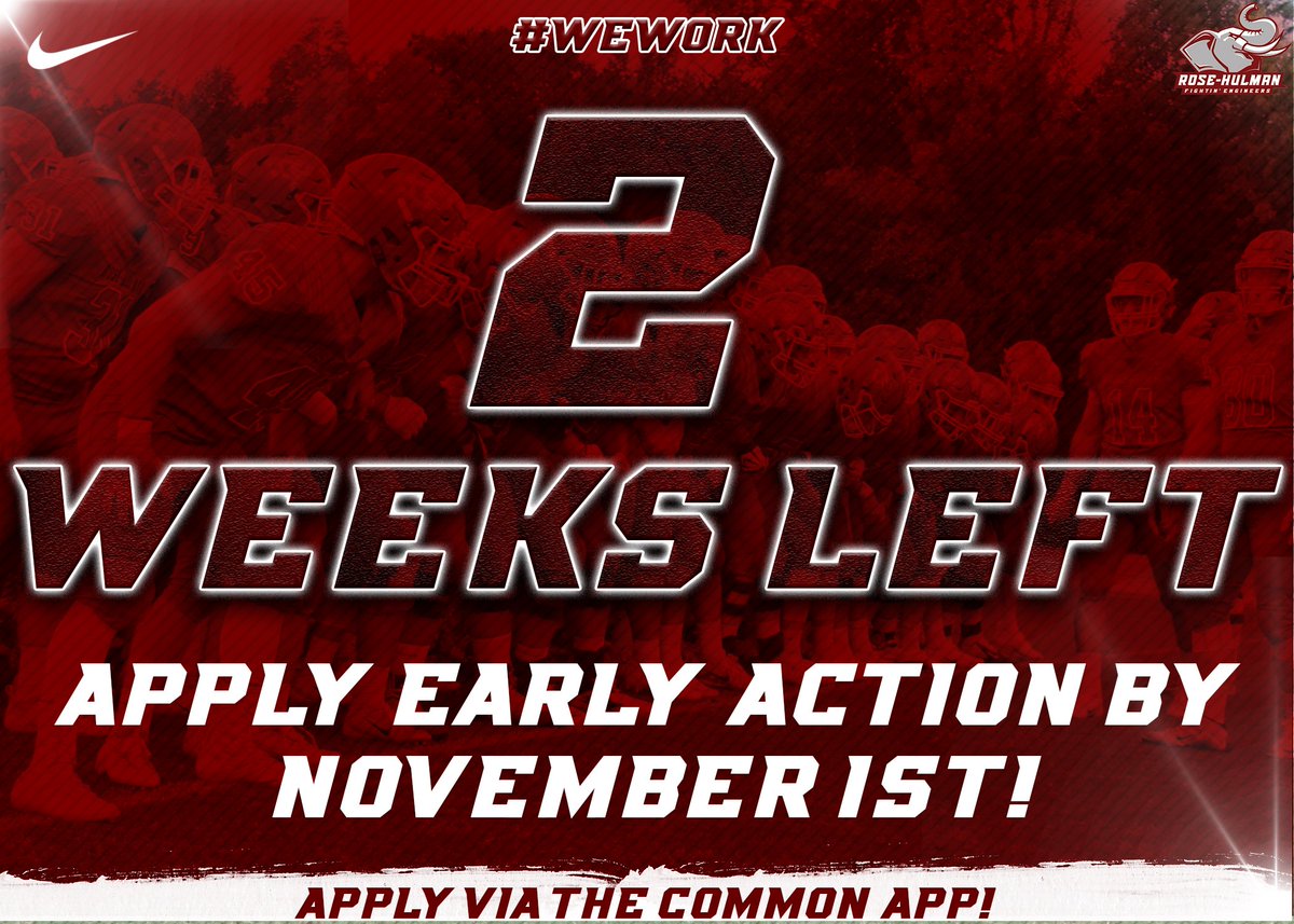 There are only 2 Weeks left to Apply Early Action to the best Engineering school in the USA! Do so via the <a href="/CommonApp/">Common App</a> please contact any coach on our staff if you have any questions! 

This is the link to apply Early Action: commonapp.org/school/rose-hu… …

#WeWork