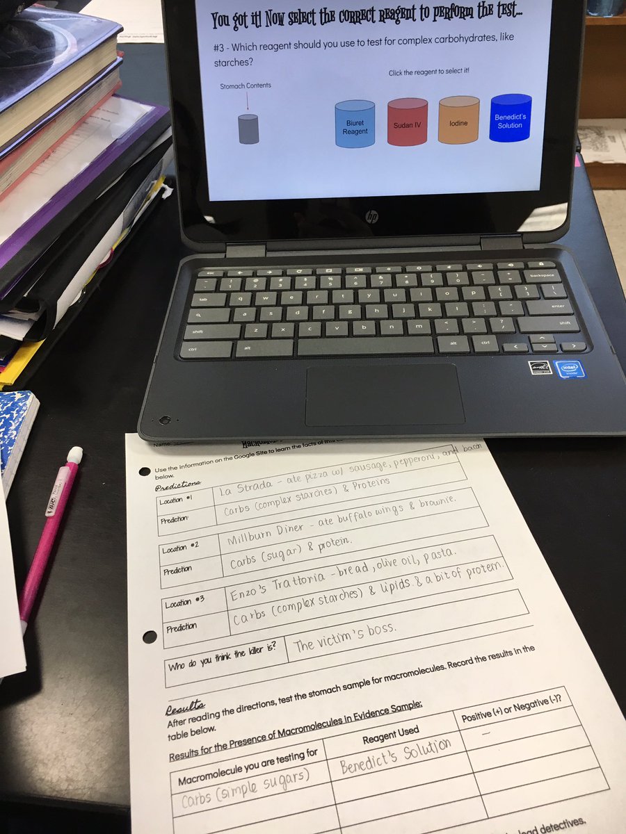 Students test for macromolecules in the stomach contents of the victim in order to solve a murder mystery. Didn’t have the reagents but the @googleslides link to slide feature made a virtual experience possible! 
#8thgradescience #chromebooks