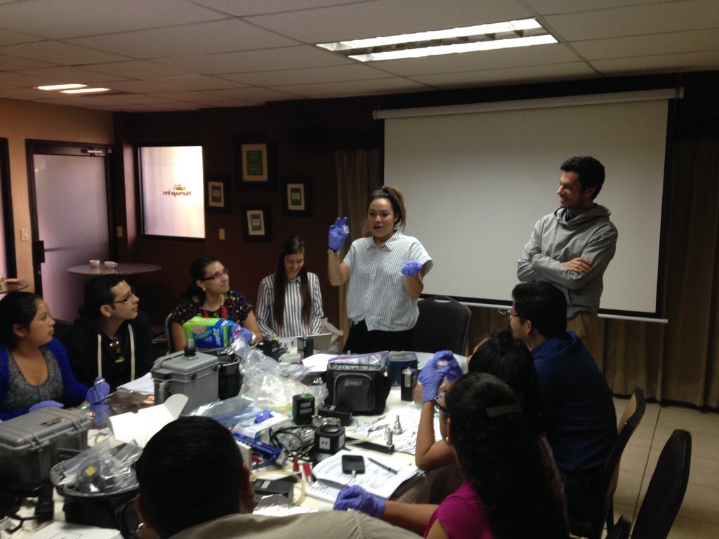 BerkeleyAir's tweet photo. Sam, Madeleine, and Carlos train a field team in Honduras on the use of the pump and filter and our very own PATS+ to measure HAP and personal exposure. #PATS #AirQuality #BerkeleyAir #HealthAndClimate https://t.co/DE8bPqDpnh