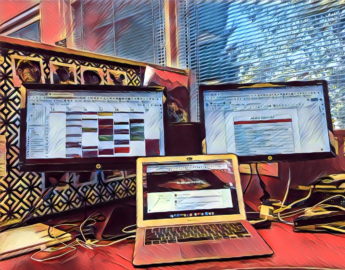 Julie_Janzen's tweet photo. Well @TosaSeugling says my workstation is “ridiculous” 🤣 and I can’t disagree. But I also think it is amazing #tosawiththemosta #3screensarebetterthanone #stayfocused @UNITElvjusd https://t.co/sidlyt6Ynx