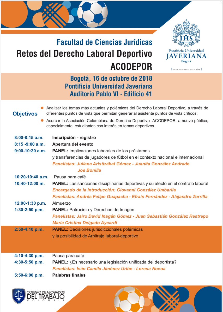 ACODEPOR_'s tweet photo. Recuerden que mañana es nuestro evento sobre retos del derecho laboral deportivo en @UniJaveriana. Es entrada libre y no requiere inscripción previa! https://t.co/97zberl62O