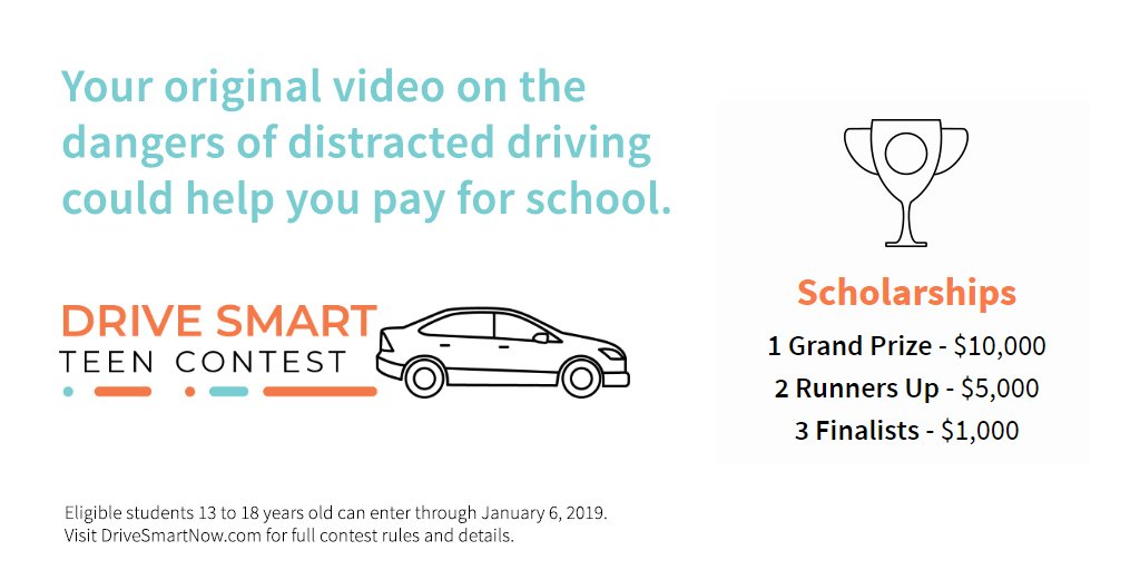 WirelessFdn's tweet photo. Our fifth-annual #DriveSmartNow contest is now open! Teens: We want to see your best original video on the dangers of distracted driving. Top six entries receive a #Scholarship. More: https://t.co/zZ3vI6J7X7 https://t.co/MSf3Jwl2gu