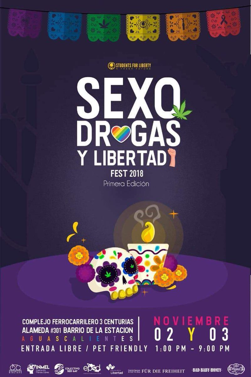 LPSDMX's tweet image. Celebra con nosotros y @SFLMexico el día de muertos con el evento Sexo, Drogas y Libertad Festival 2018 en #Aguascalientes #youthactivist #drugpolicy Regístrense es gratis: eventbrite.es/e/entradas-sex…