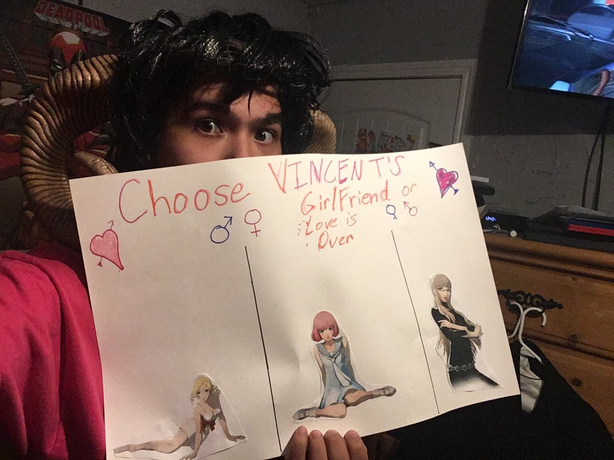 SurrealWolf_98's tweet photo. I made another one for #catherinefullbody sign for my Vincent Brooks Cosplay ! Also Iโm gonna get some heart stickers so people can pick K/Catherine or Rin before #ANT2018 (Anime North Texas). https://t.co/d1JYCzAGU6