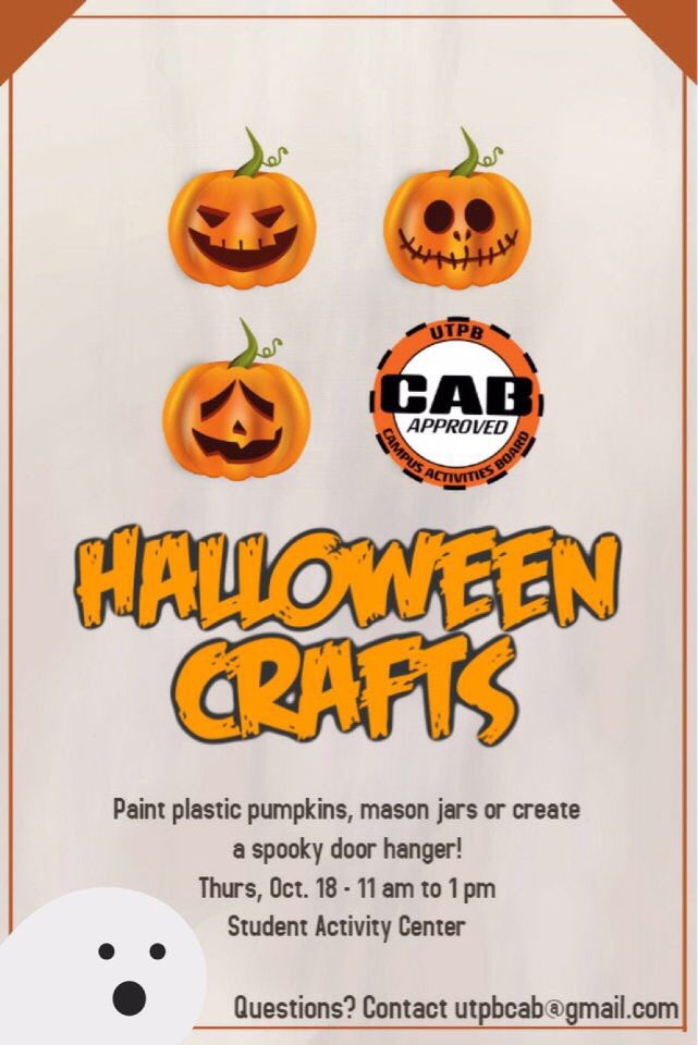 UTPBCAB's tweet photo. This Thursday we’re going to have a Spoopy Event! Come paint a plastic pumpkin, mason jar or door hanger! 
Thursday Oct. 18
11am - 1pm
SAC https://t.co/BOIoCfwoDK