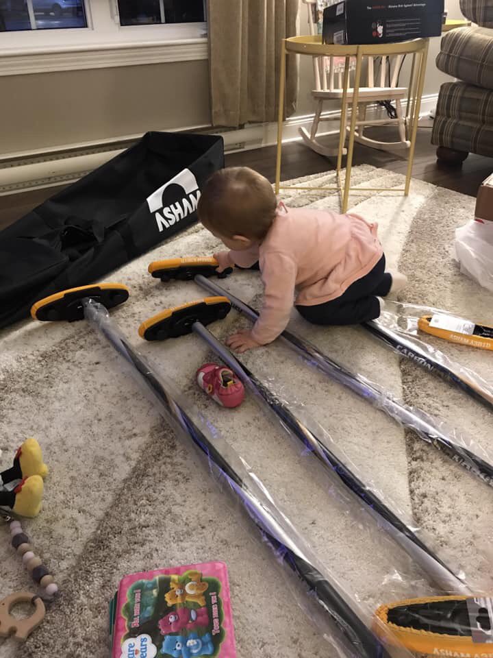 Baby Riley’s first curling equipment delivery! Thanks Asham we are very excited to use your equipment all season long. #teamasham