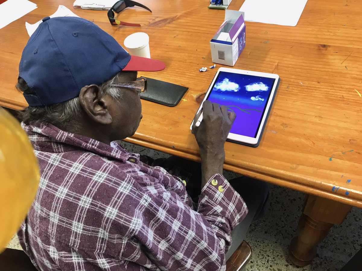 Teaching Aunty Norma how to use the iPad this morning. She’s drawing the background for the Woorabinda church convention poster for this weekend. -Nickeema #GetOnlineWeekWoorabinda #WoorabindaStories #try1thing