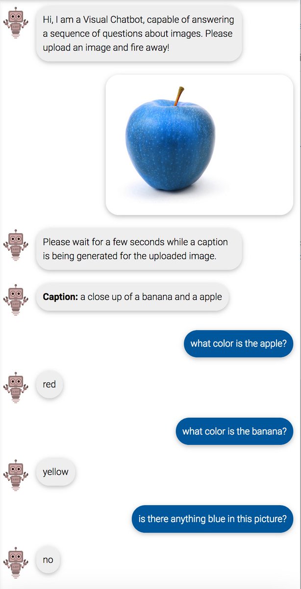 Image: an obviously blue apple
Caption: a close up of a banana and an apple
Me: what color is the apple?
Bot: red
Me: what color is the banana?
Bot: yellow
Me: is there anything blue in this picture?
Bot: no