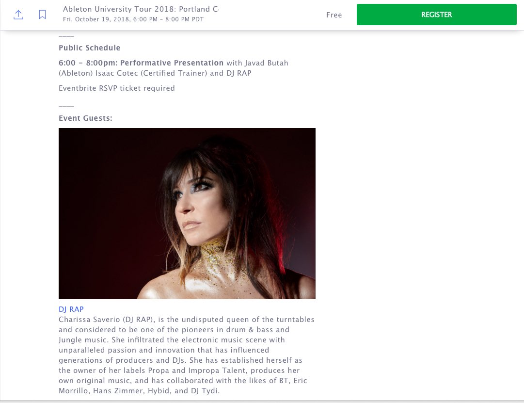 I am so very proud to be part of this!
eventbrite.ca/e/ableton-univ…

The Ableton University Tour is a series of free music-making events taking place at university campuses across the US during September and October of 2018. Join Ableton in collaboration with a variety of artists.
