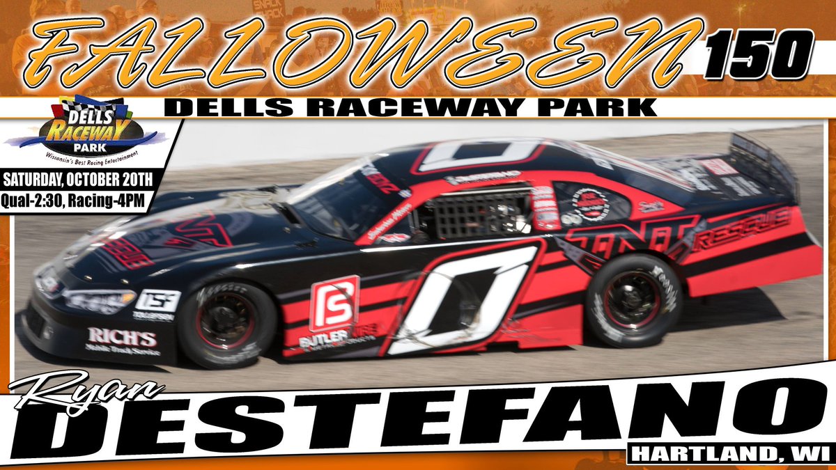 Ryan Destafano of Hartland, WI is bringing his Super Late Model to the 4th Annual Falloween 150. He is a front runner weekly at Slinger Super Speedway.

Gates open at noon, Qualifying at 2:30, Racing at 4pm. Adults are $20, Students/Seniors $18, Kids 9 &amp; Under FREE!
