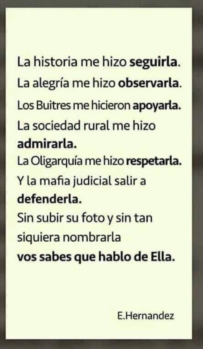 Luis_Delia's tweet photo. "La historia me hizo seguirla
La alegría me hizo observarla
Los Buitres me hicieron apoyarla
La sociedad rural me hizo admirarla
La oligarquía me hizo respetarla
Y la mafia judicial me hizo salir a defenderla
Sin subir su foto y sin tan siquiera nombrarla
sabes que hablo de ella" https://t.co/keblgFsbBF