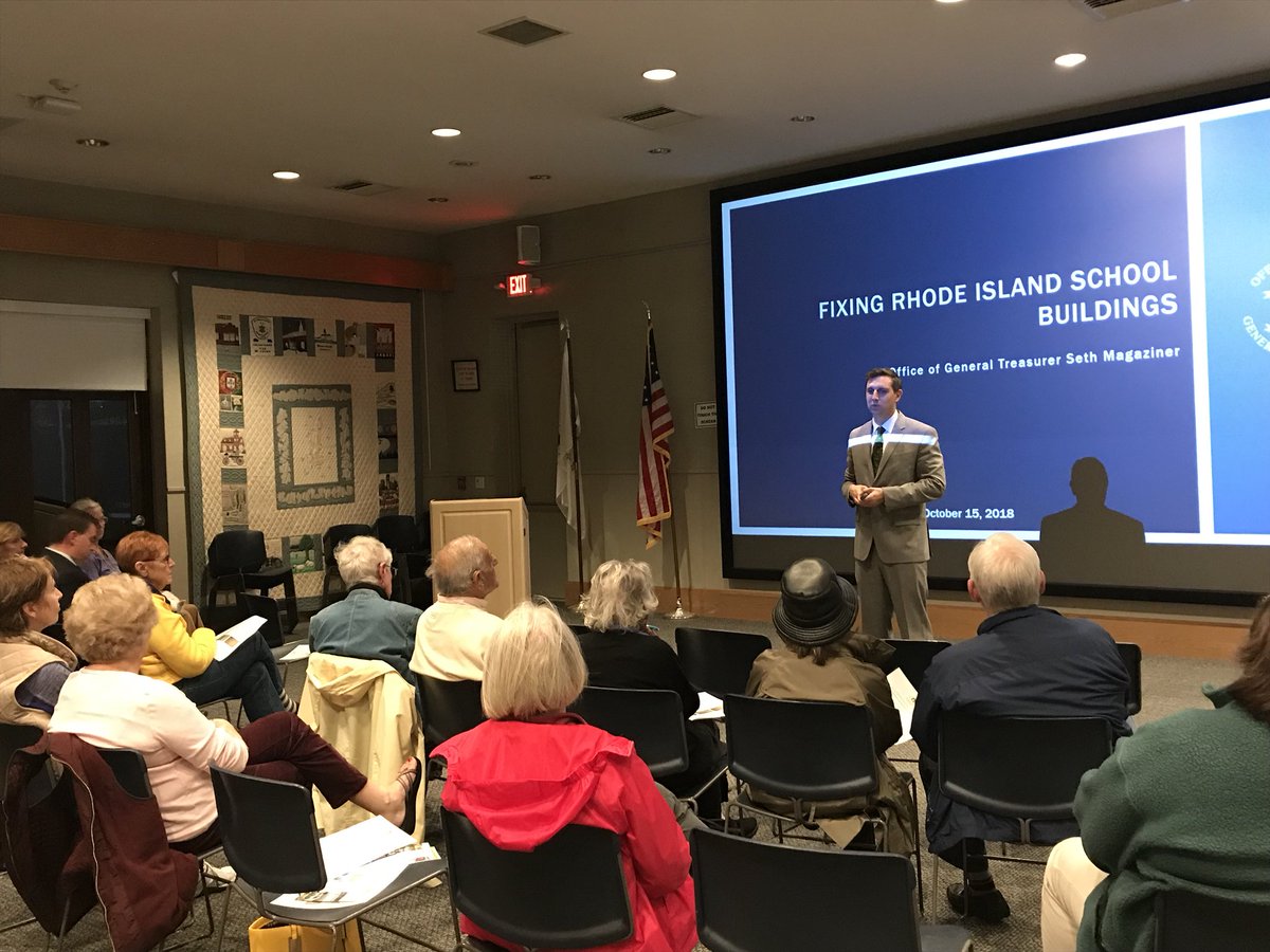 SethMagaziner's tweet photo. Discussing the school construction bond in Jamestown at a packed forum organized by @RepRuggiero. Vote Yes on 1 to #FixOurSchoolsRI! https://t.co/EvRmxLsIvd