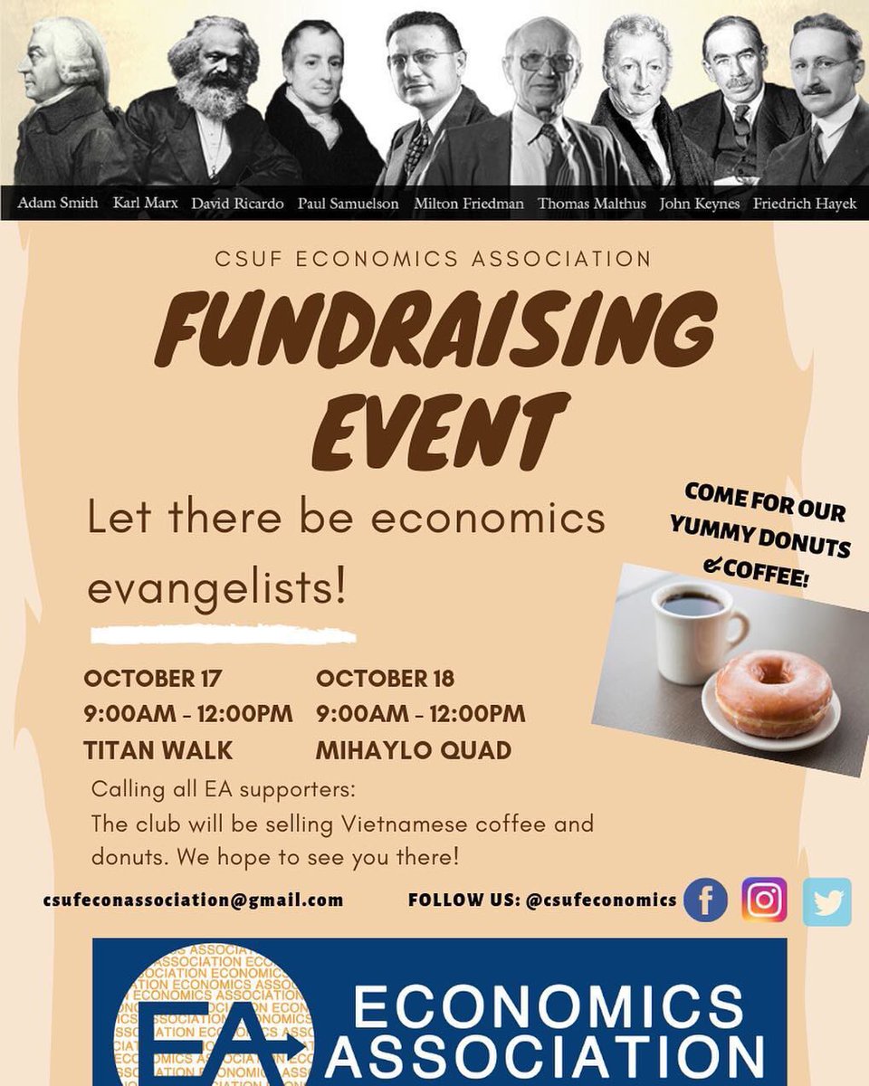Save the date!! Come join Econ Association’s Fundraising Event on this Wednesday and Thursday morning. Support us by picking up some donuts and Vietnamese coffee. Our combo, with good price and deed, will help you start your day off right!!