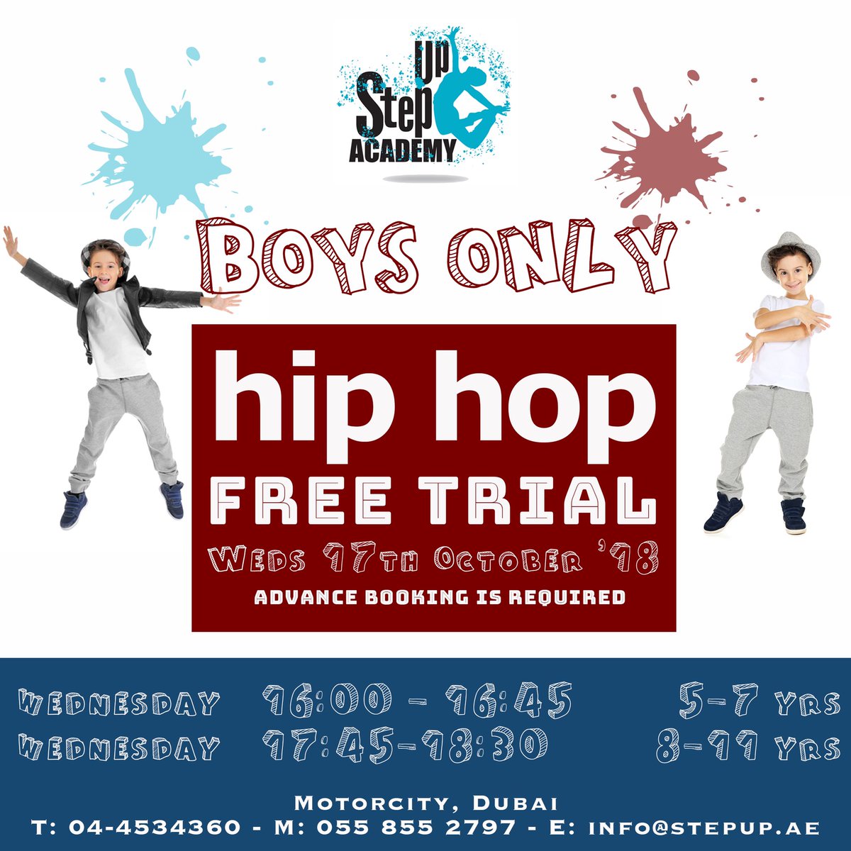 StepUpAcademy's tweet image. ***FREE trials BOYS ONLY Hip Hop***
Bring your boys along to try out one of our hip hop sessions! TAG a friend whose boys would like to give it go! 
Advance booking required | Please contact: 
Phone: +971 4 453 4360
Mobile: +971 55 8552797
Email: info@stepup.ae

#hiphop #boysonly