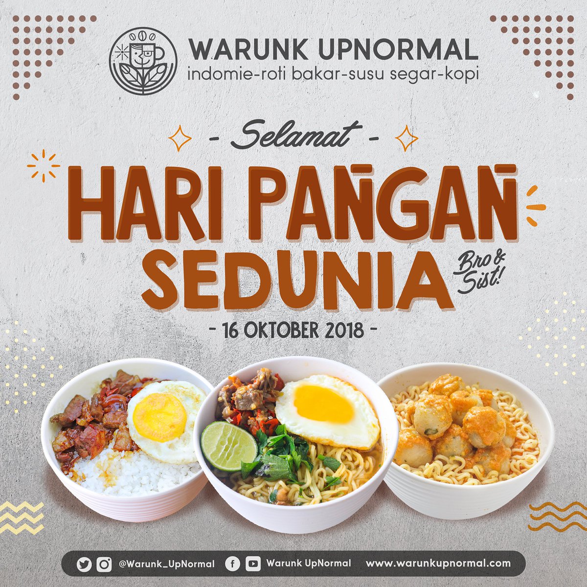 warunk_upnormal's tweet image. Peringatan Hari Pangan Sedunia merupakan momen yang pas buat kita generasi muda menguatkan pembangunan, terutama dalam bidang makanan, pangan dan pertanian.

Selamat Hari Pangan Sedunia Bro/Sist!

#WarunkUpNormal #haripangan #haripangansedunia #upnormal #worldfoodday #Upnormal