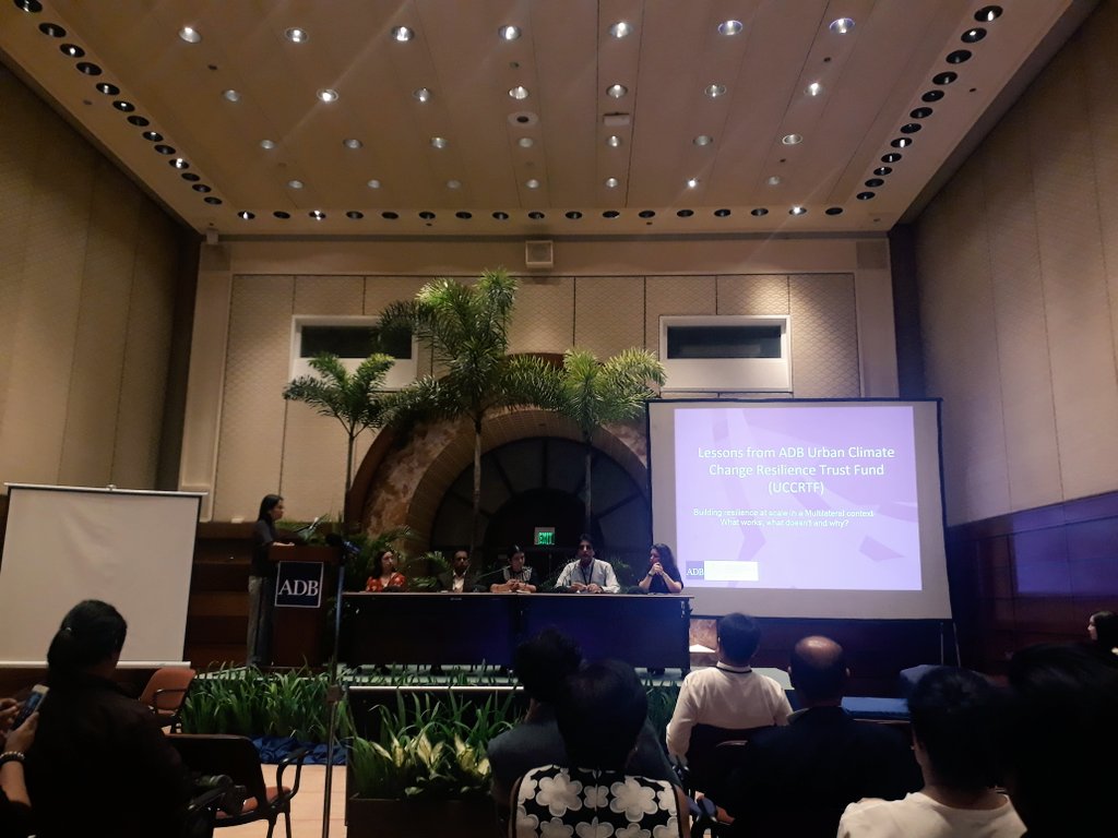 belhewitt's tweet photo. Virinder Sharma from the ADB Urban Climate Change Resilience Trust Fund sharing lessons on what works for building #resilience in a multilateral context at #APAN2018 @ADB_HQ  @DFID #UCCRTF https://t.co/MsbeSenaLb